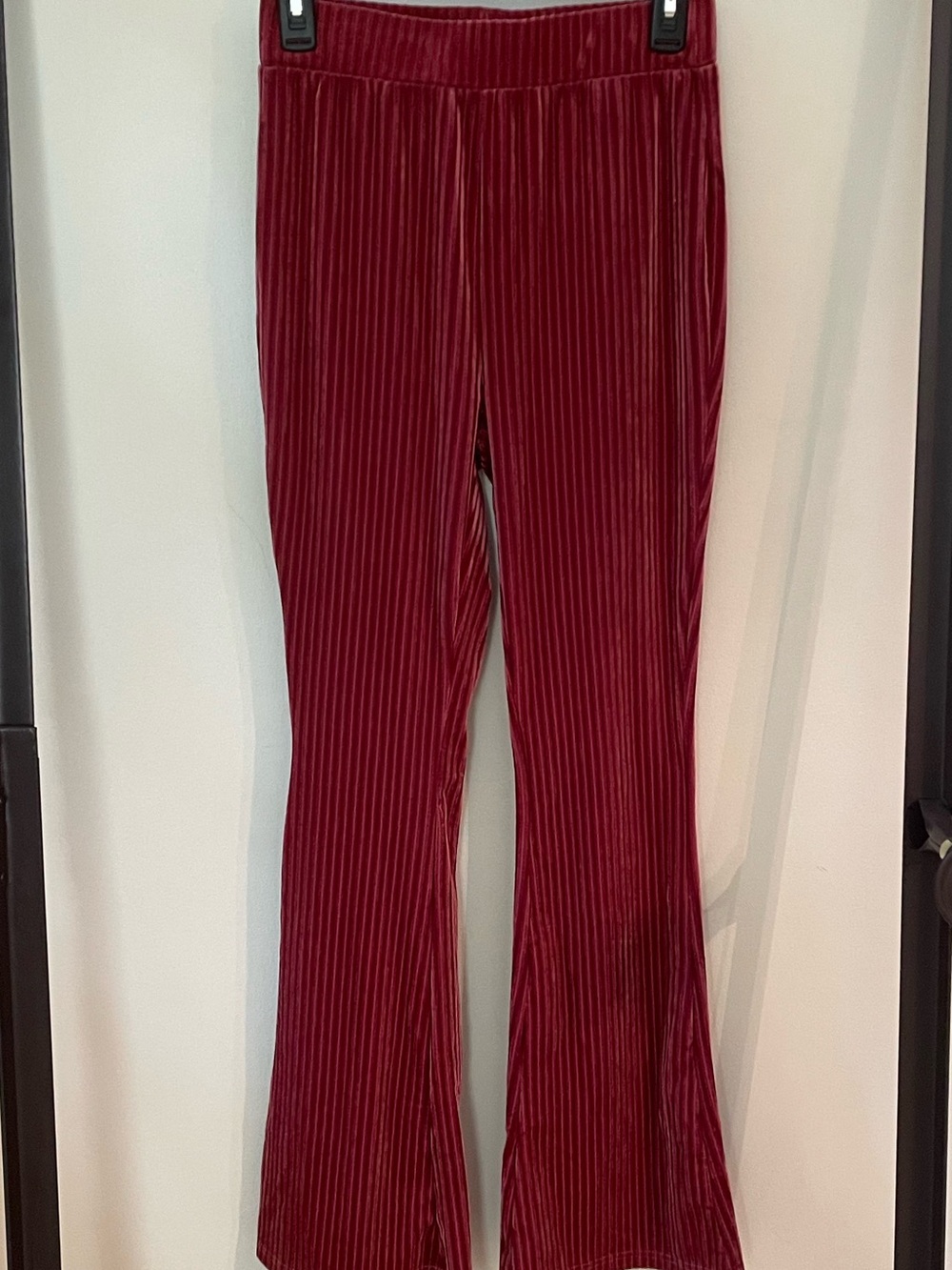 Cranberry Velour Velvet-like Corduroy High-waisted Flare Pants